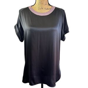 PER SE by Carlisle Black with Purple Neck Trim Short Sleeve Silk Top Blouse Sz 8